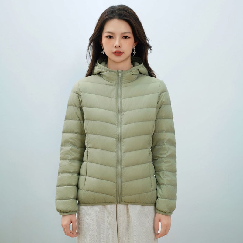 Women's Matcha Green Lightweight Down Jacket with Hood, Windproof Polyester Puffer Coat, Warm Winter Outerwear for Casual Wear - Image 1